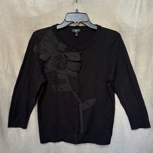 Talbots Black Cardigan with Floral Detail Petite Size Medium Silk/Cotton
